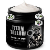 Titan Tallow balm jar close-up highlights fragrance-free skincare for daily moisturizing.