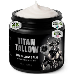 Titan Tallow balm jar close-up highlights fragrance-free skincare for daily moisturizing.