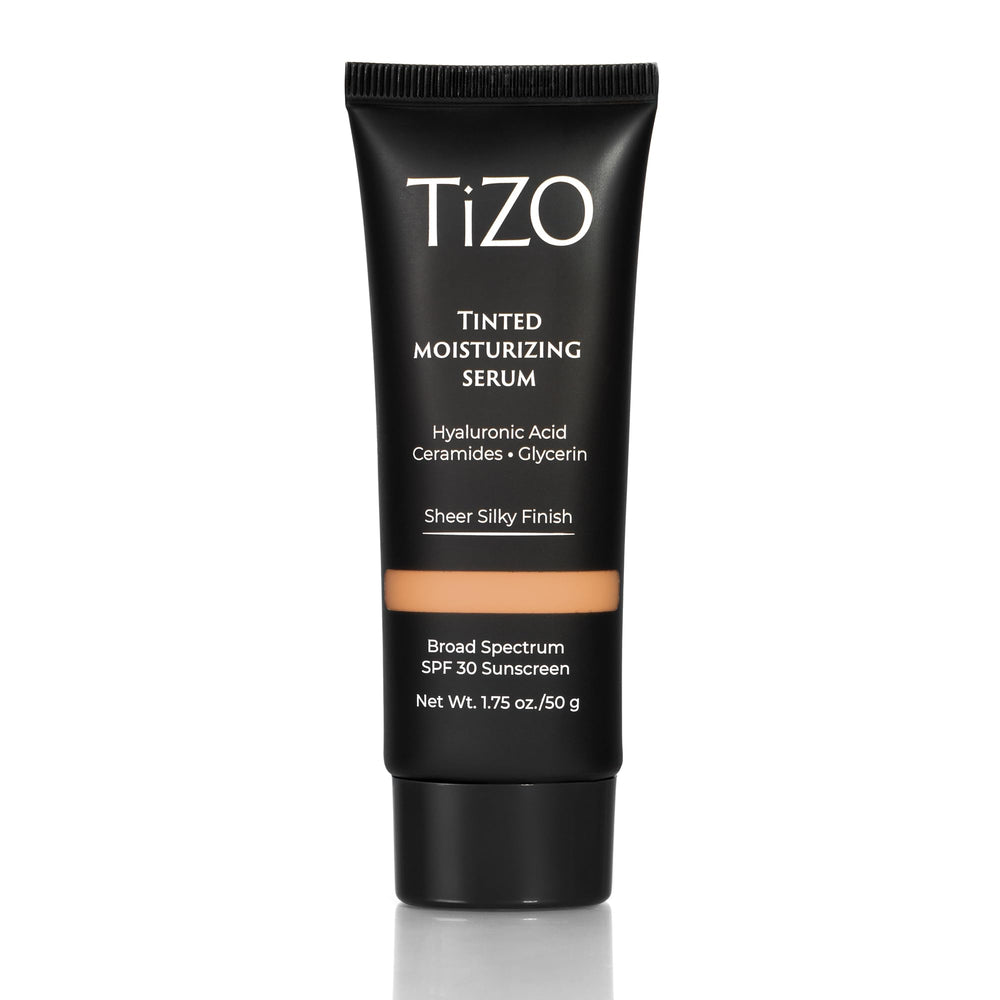 The TIZO tinted moisturizing serum SPF 30 packaging shows a lightweight formula for a natural glow.
