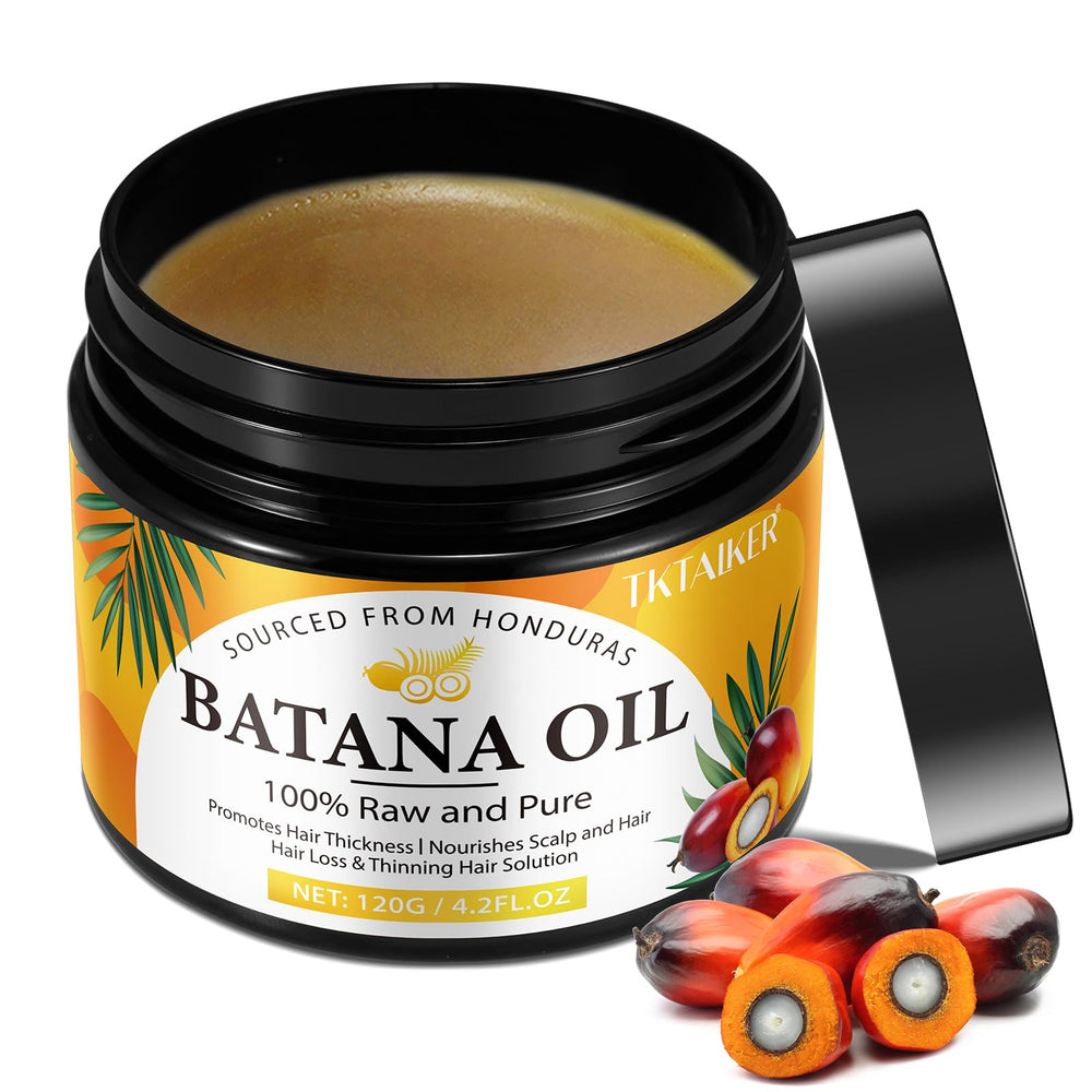 TKTALKER Batana Oil bottle close-up for pure hair nourishment.