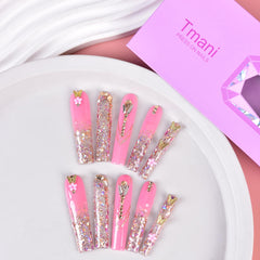 Tmani long square nails with crystal decor for glamorous finish