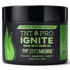 TNT Pro Ignite Sweat Cream bottle closeup promoting pre-workout warming for active workouts.