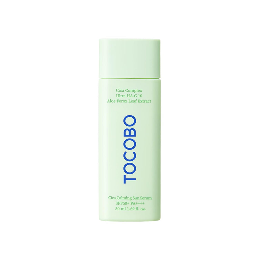 TOCOBO Cica Calming Sun Serum bottle shows soothing formula with SPF 50+ protection.