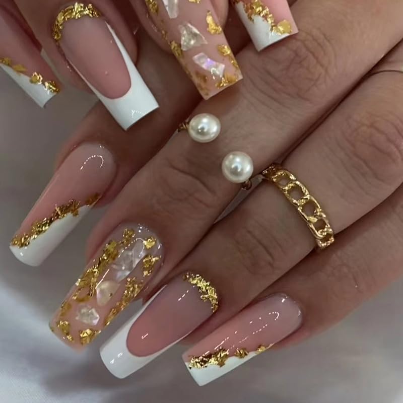 TOGZOM medium square press-on nails with gold foil for a luxe French tip look.