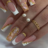 TOGZOM medium square press-on nails with gold foil for a luxe French tip look.