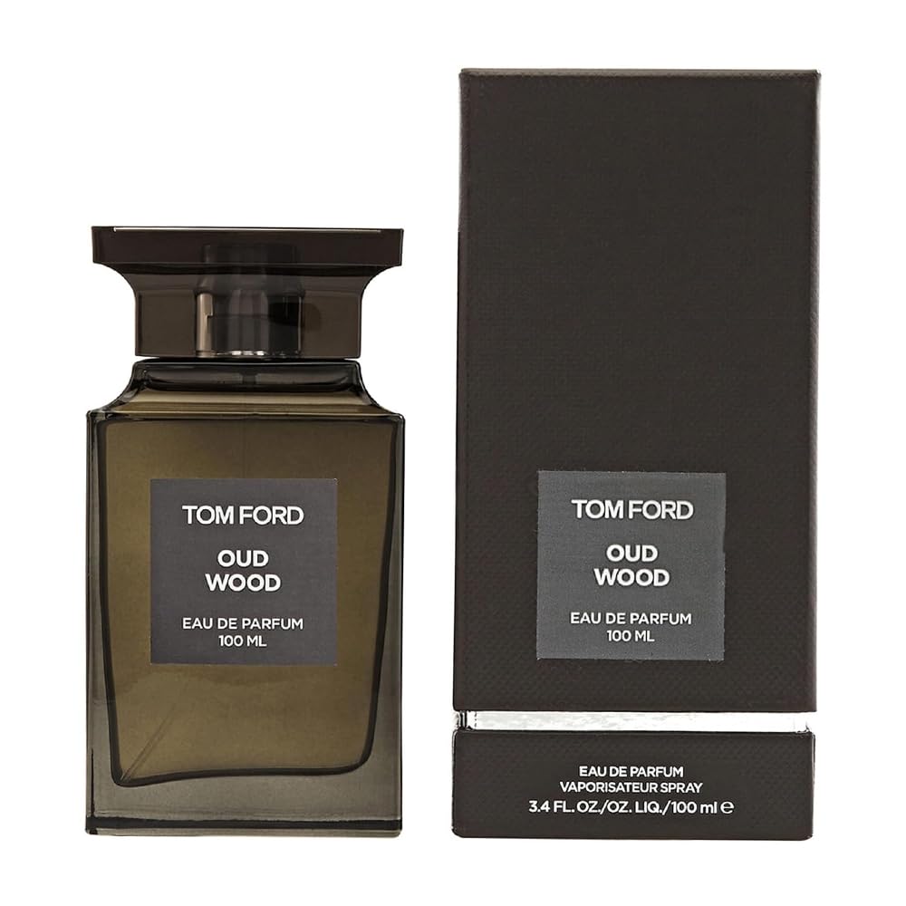 Tom Ford Oud Wood bottle front showing luxury fragrance presentation.