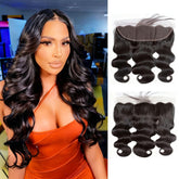 TOMAFUN 13x4 HD lace frontal 14-inch body wave close view, seamless skin blend.