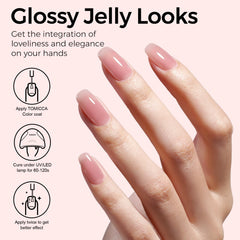 TOMICCA jelly pink gel polish bottle under LED curing light.