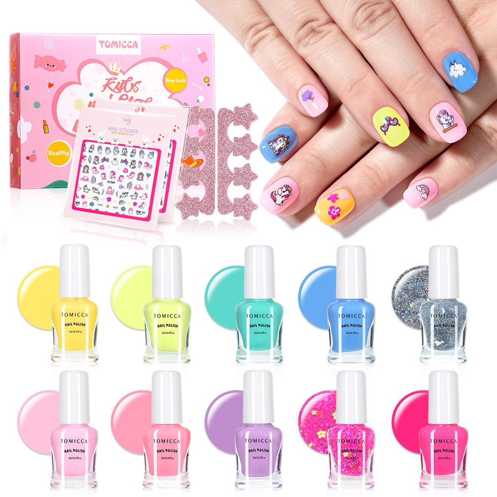 TOMICCA Kids Nail Polish Set packaging with ten colors for easy gifting.