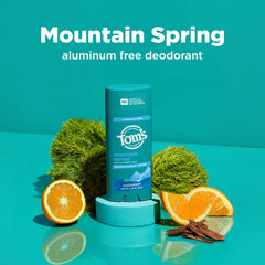Packaging for Tom's of Maine Mountain Spring deodorant highlights recycled plastic container.