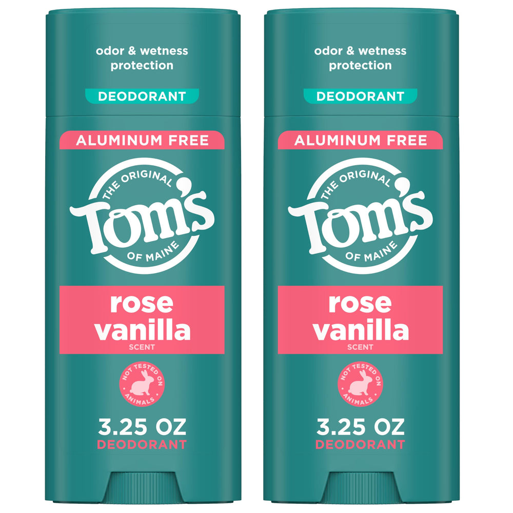 Tom's of Maine Rose Vanilla deodorant stick being applied for all-day freshness