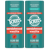 Tom's of Maine Sandalwood Vanilla deodorant stick label highlights aluminum-free protection.