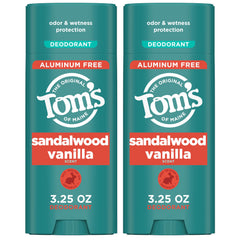 Tom's of Maine Sandalwood Vanilla deodorant stick label highlights aluminum-free protection.