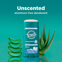Packaging photo highlighting recyclable container for Tom’s of Maine Unscented deodorant.