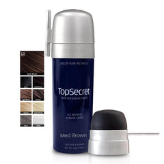 Top Secret Hair Thickening Fibers in medium brown for natural-looking fullness.