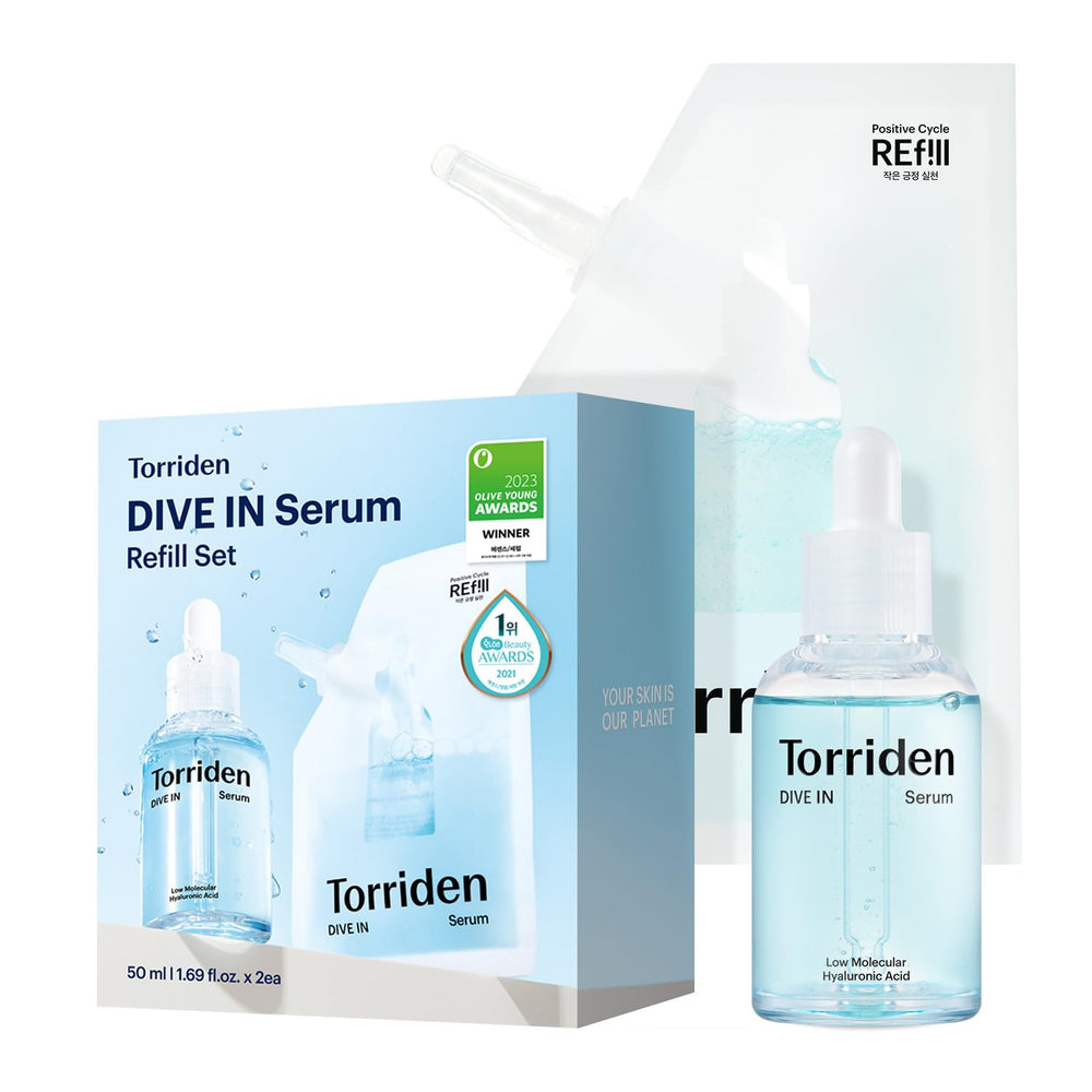 Brand Torriden DIVE IN Serum bottle close-up showing lightweight hydration for makeup prep.