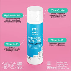TOUCH Vitamin C E Hyaluronic Acid sunscreen providing antioxidant protection for radiant skin.