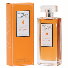 Tova Signature Autumn bottle closeup, crisp floral amber notes for fall wear.