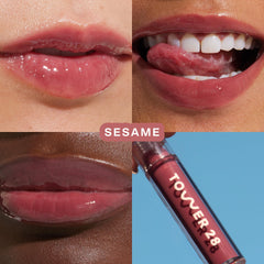 Tower 28 ShineOn Lip Jelly sesame application showing smooth color.