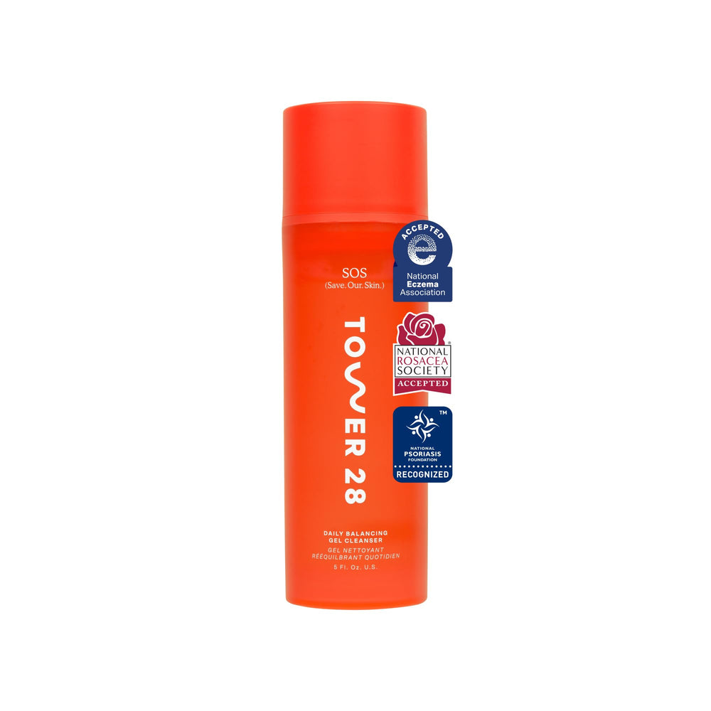 Tower 28 SOS Gel Cleanser bottle closeup highlighting fragrance-free formula for sensitive skin.