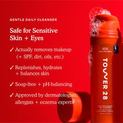 Tower 28 SOS Gel Cleanser on a palm showing gentle makeup removal.