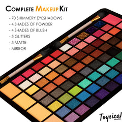Toysical tablet-design makeup kit features a foldable mirror for easy application.