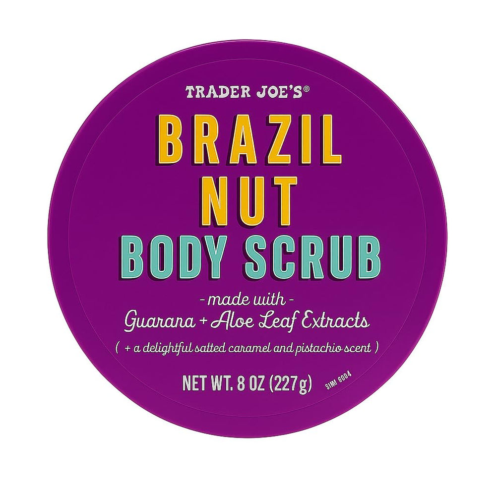 Trader Joe's Brazil Nut Body Scrub packaging showcases cleanse and exfoliation for smooth skin.