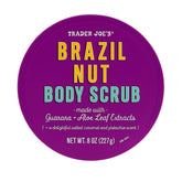 Trader Joe's Brazil Nut Body Scrub packaging showcases cleanse and exfoliation for smooth skin.