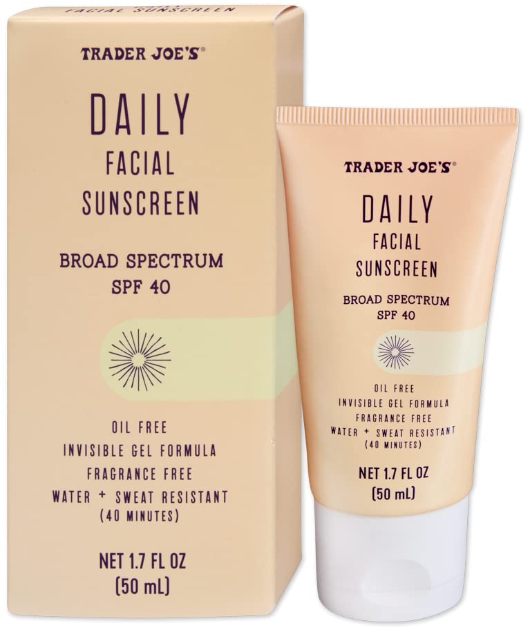 Trader Joe's Daily Facial Sunscreen SPF 40 invisible gel bottle—oil-free protection.