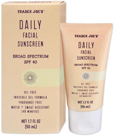 Trader Joe's Daily Facial Sunscreen SPF 40 invisible gel bottle—oil-free protection.