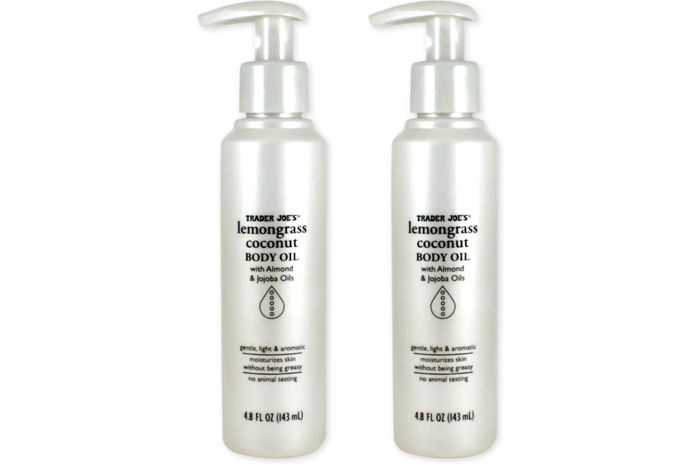 Trader Joe's lemongrass coconut body oil bottle, lemony scent, light hydration for skin.