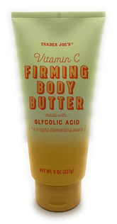 Trader Joe's Vitamin C Firming Body Butter in a jar with glycolic acid for smooth, hydrated skin.