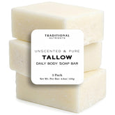 Traditional Nutrients unscented beef tallow soap bar lathering on hands for gentle cleansing.