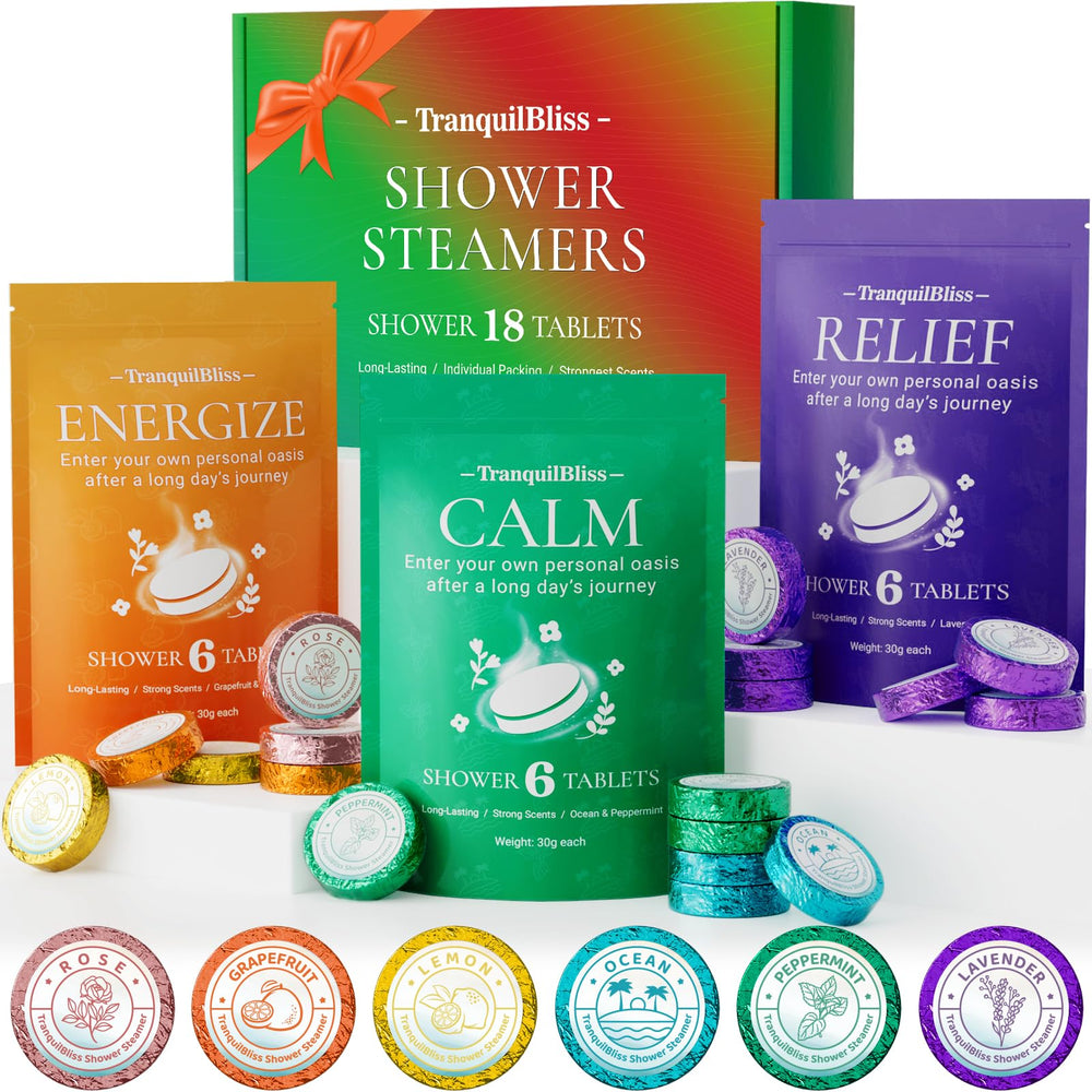 TranquilBliss 18-pack shower steamers on display in box for spa-like ritual.
