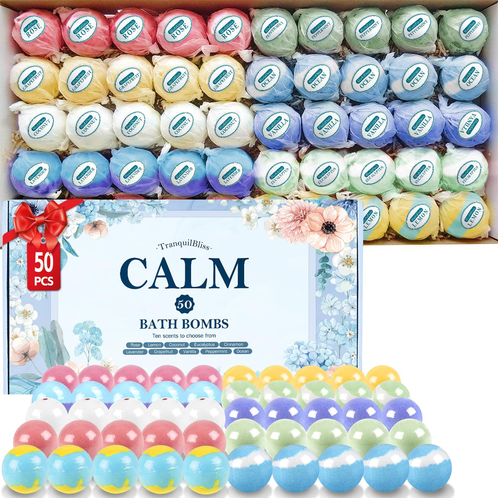 TranquilBliss bath bombs 50-piece gift set in a stylish box for gifting and self-care.