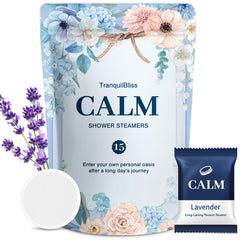 TranquilBliss lavender shower steamer 15-pack promoting a calming shower ritual.