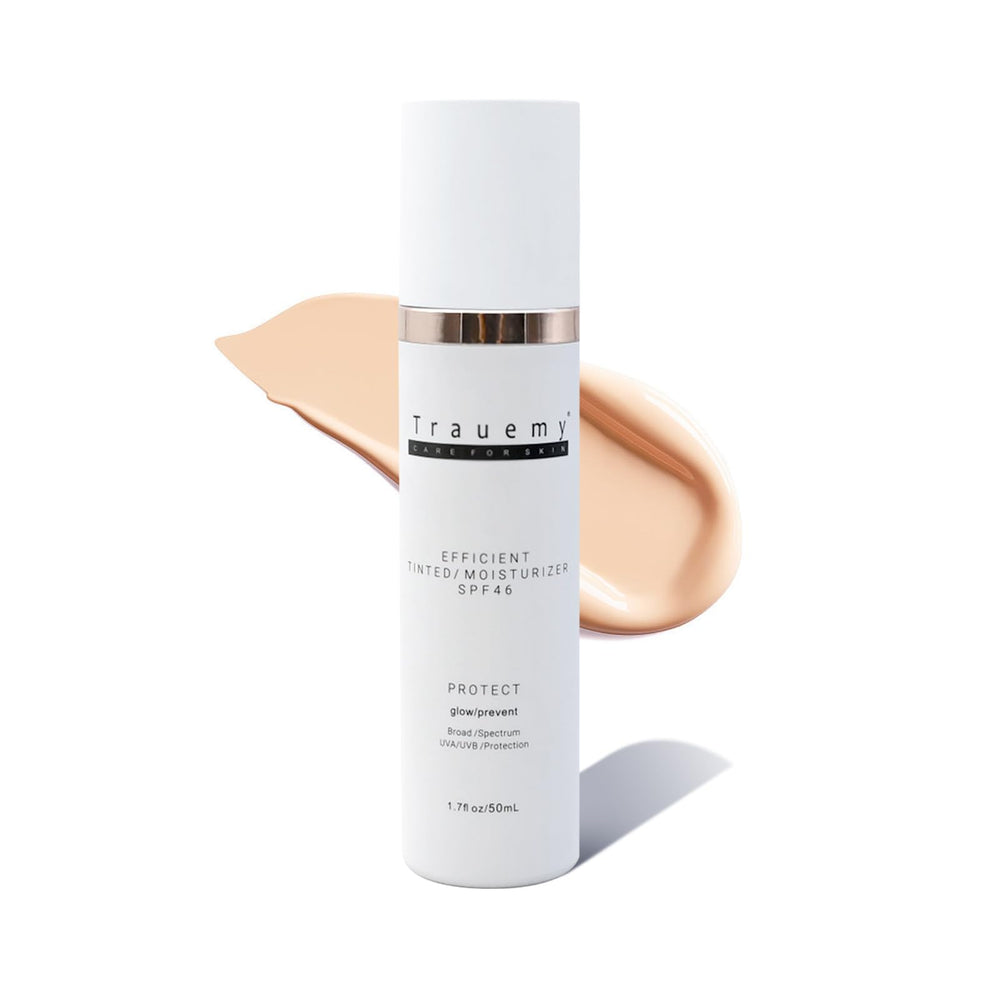trauemy anti-aging tinted moisturizer bottle provides SPF 46 protection and radiant glow