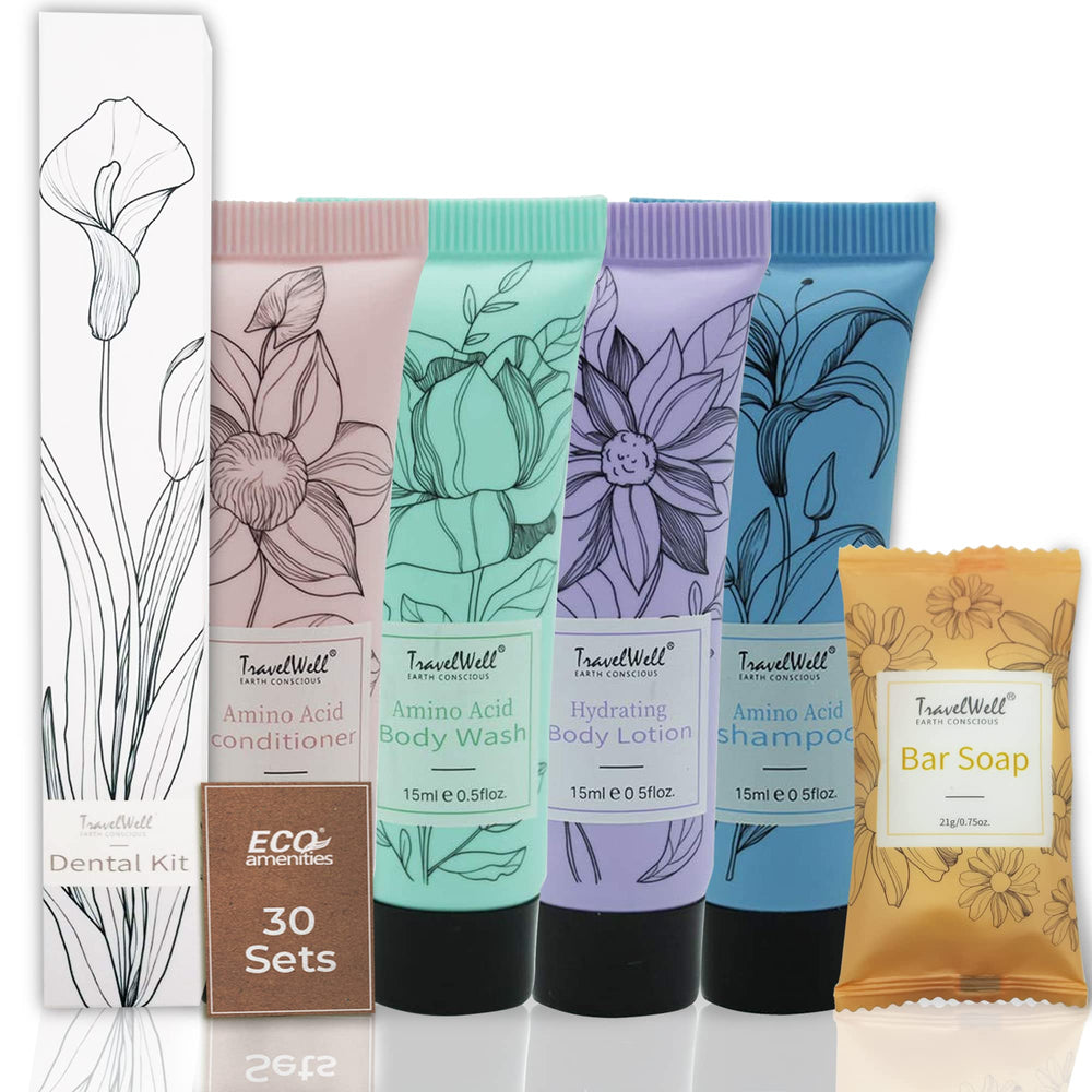 TravelWell bulk toiletries packaging with individually wrapped items for easy restocking.