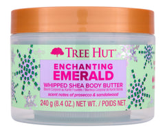 Tree Hut Enchanting Emerald whipped shea butter bottle highlights hydrating formula for daily softness.
