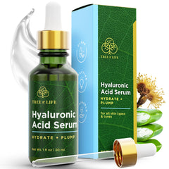 Tree of Life Hyaluronic Serum bottle pour for easy hydration on skin.