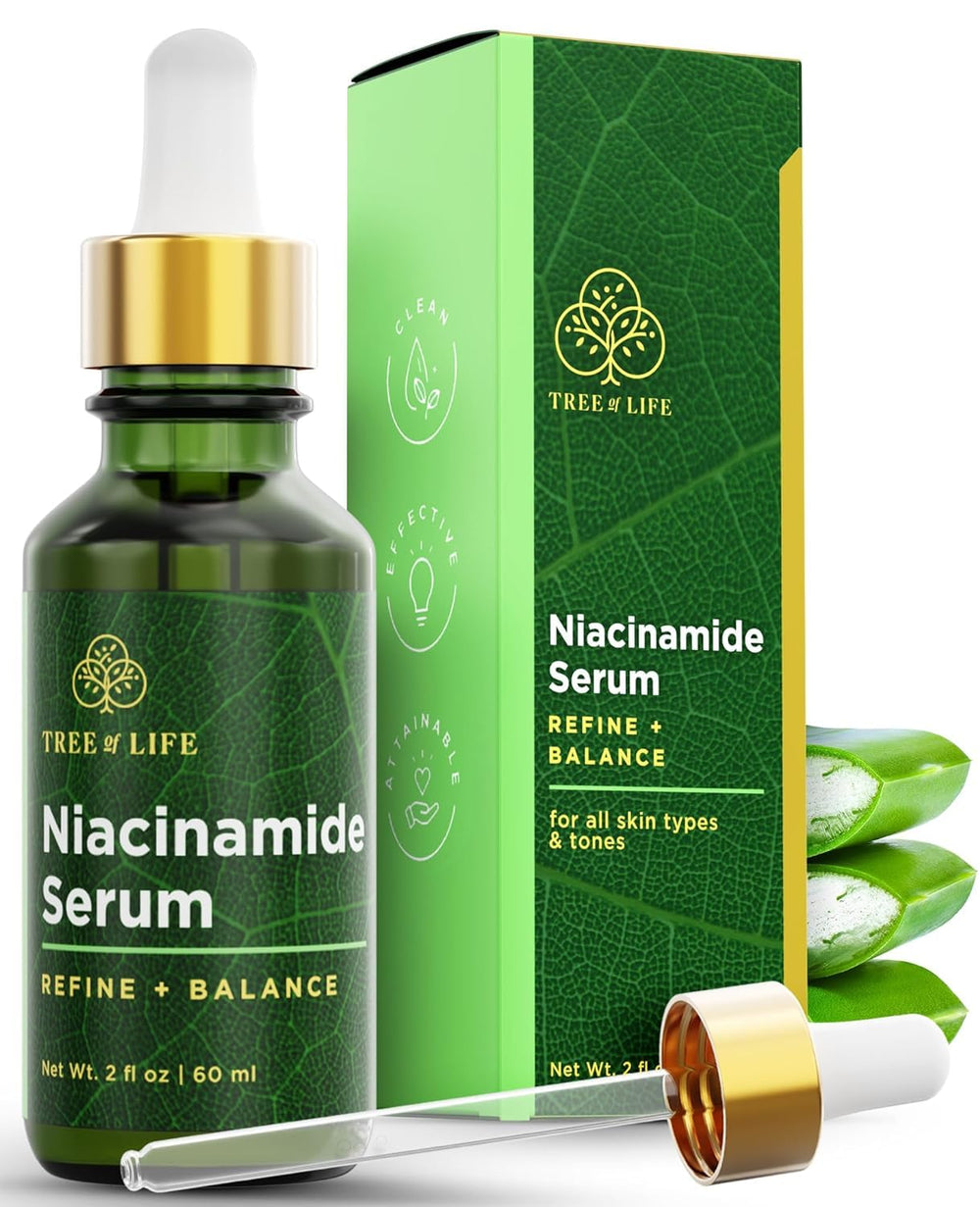 Tree of Life Niacinamide Serum bottle pour showing hydrating action for smoother skin.
