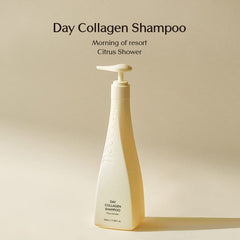 Treecell Day Collagen Shampoo label close-up highlights low-molecular collagen and niacinamide for nourishment.