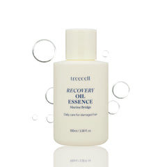 Treecell Recovery Oil Essence bottle close-up showing nourishing protection for hair.