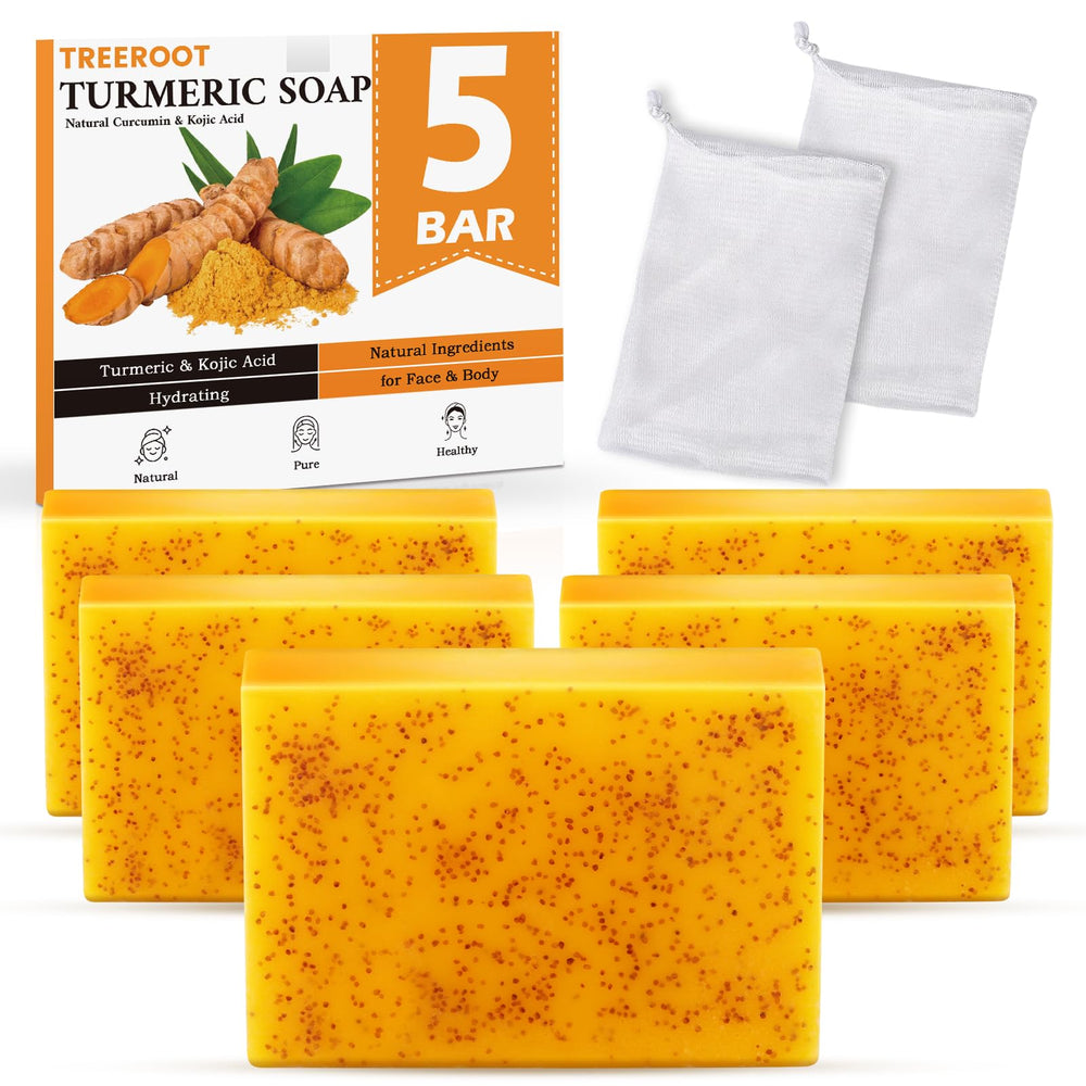 Treeroot turmeric soap bar on unwrap, highlighting natural turmeric and kojic acid.