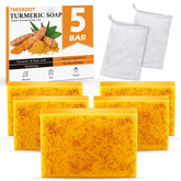 Treeroot turmeric soap bar on unwrap, highlighting natural turmeric and kojic acid.