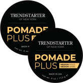 TRENDSTARTER Pomade Plus jar front view shows medium hold and shine for defined styles.