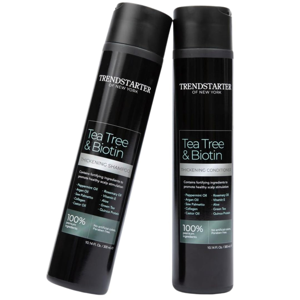 TRENDSTARTER Tea Tree & Biotin shampoo packaging highlights premium formula for cleansing and refreshment