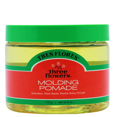 Tres Flores Molding Pomade jar demonstrates all-day flexible hold for textured styles.