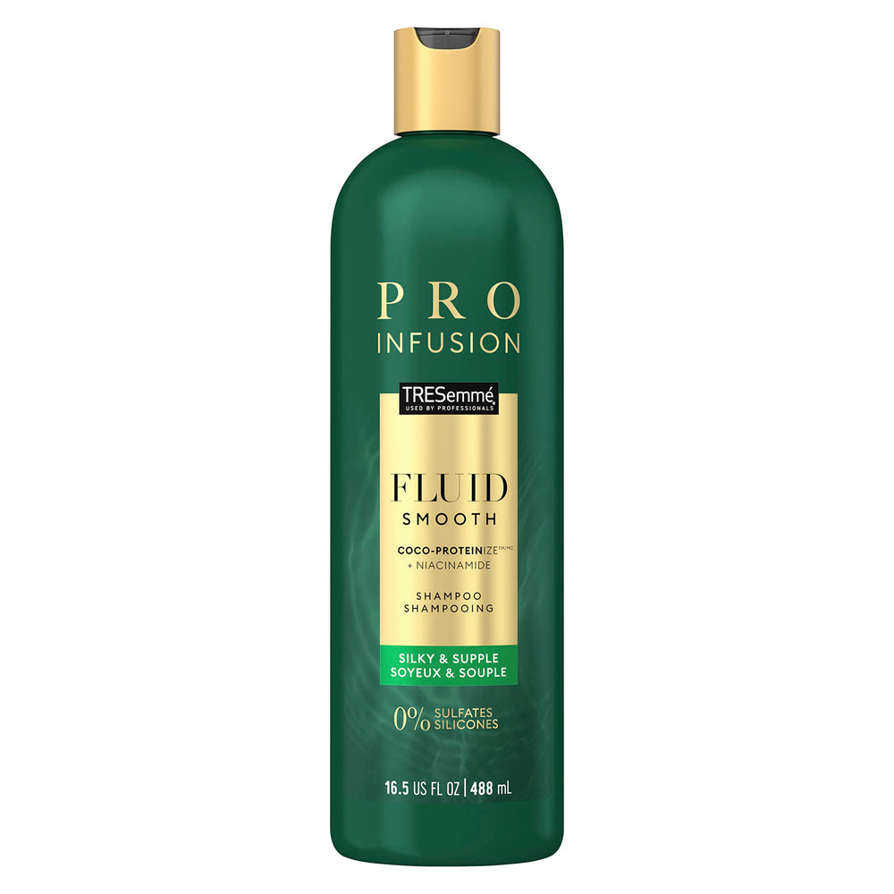 TRESemmé Fluid Smooth shampoo bottle emphasizes silky, movement-ready hair.