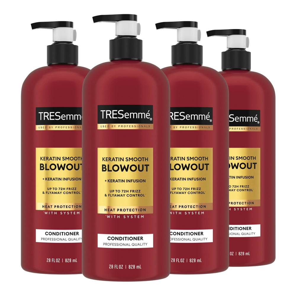 TRESemmé Keratin Smooth Conditioner four-pack bottle front shows sleek packaging and frizz control promise